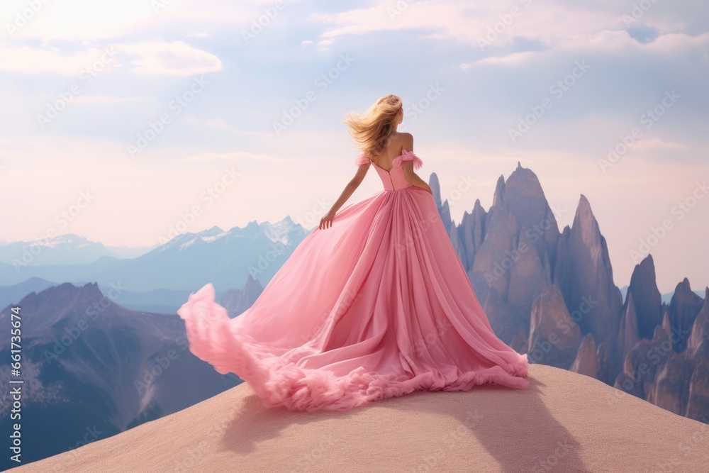 Majestic Mountain Backdrop with Graceful Woman in Flowing Pink Gown. Ethereal Beauty in Nature