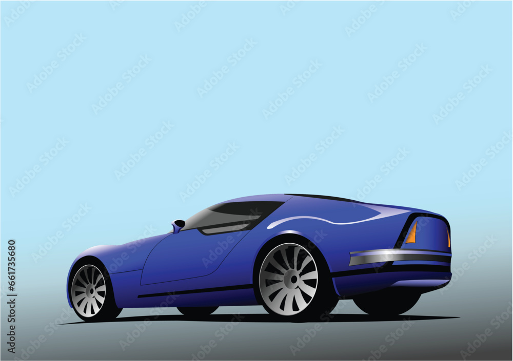 Blue sport  car on the road. Colored Vector 3d illustration for designers