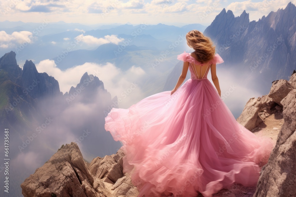Dramatic Scenic Backdrop Featuring a Woman in Elegant Attire Admiring Vast Mountain Vistas
