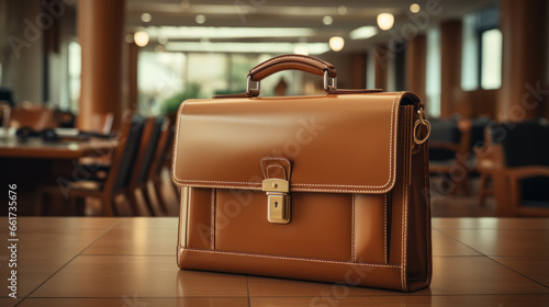 Fashionable leather briefcase on table photo