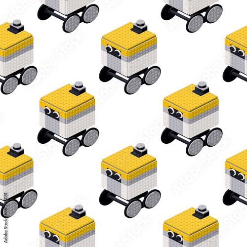 Pattern of delivery robots in isometry on a white background. Vector