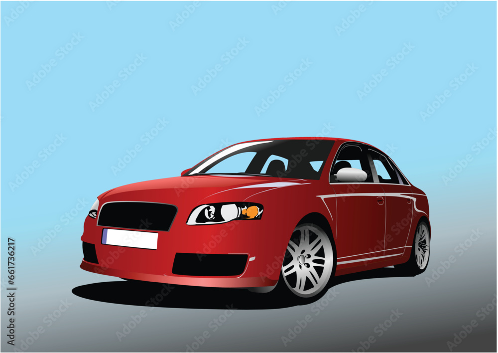 Red car on the road. Vector 3d illustration