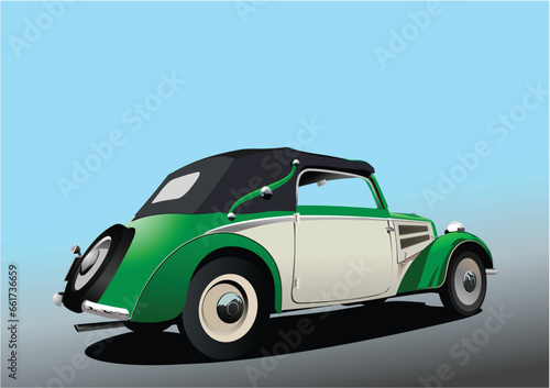 Green  old car cabriolet on the road. Vector 3d  illustration