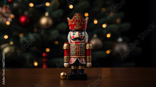 Wooden Christmas Nutcracker figurine against a background of a Christmas tree. © Roxy jr.