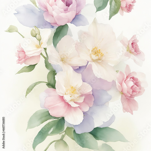 Watercolor flowers illustration with pale green, pink and lilac colors