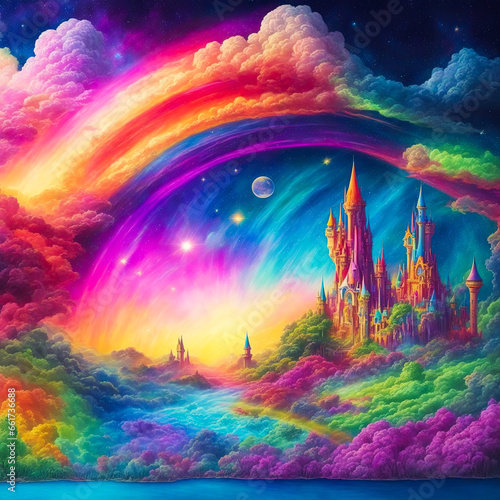 Beautiful abstract rainbow colored castle fantasy city illustration