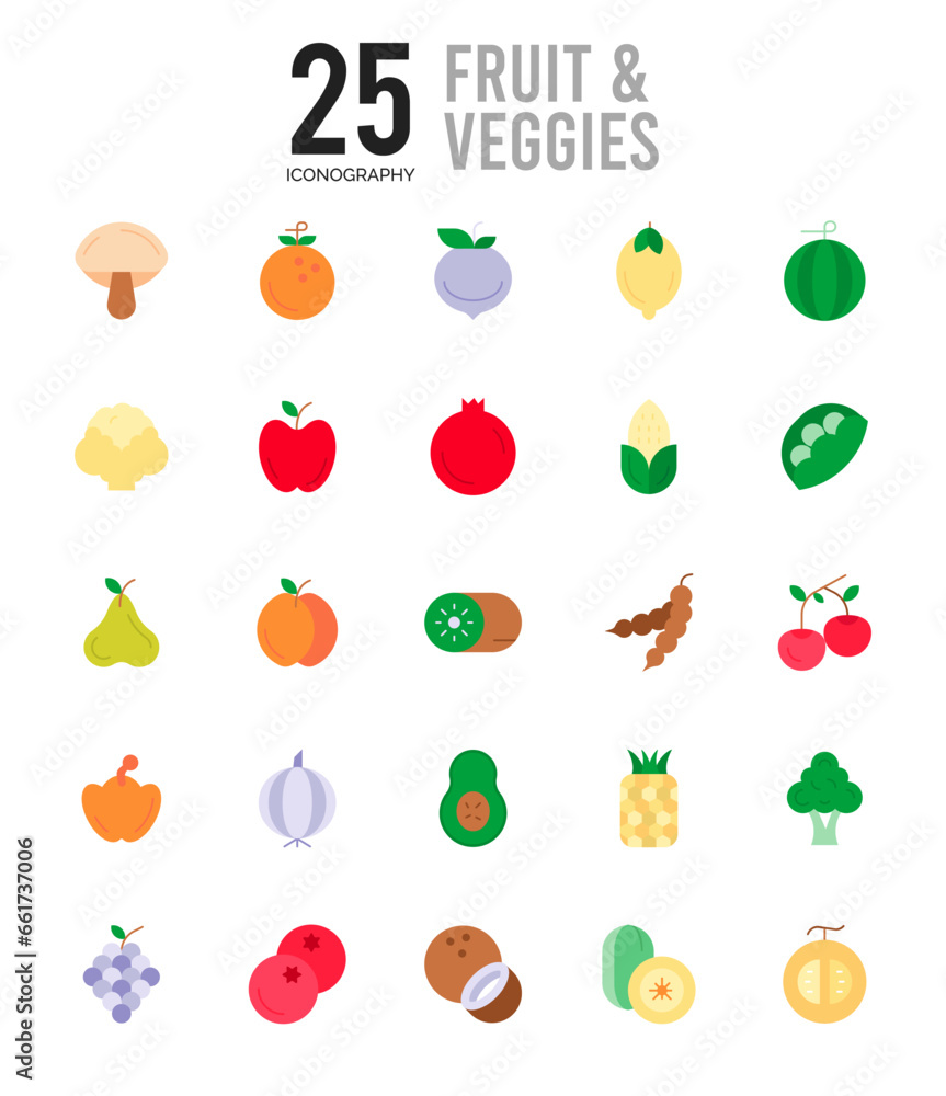 25 Fruit and Veggies Flat icon pack. vector illustration. 25 Fruit and Veggies Flat icon pack. vector illustration.