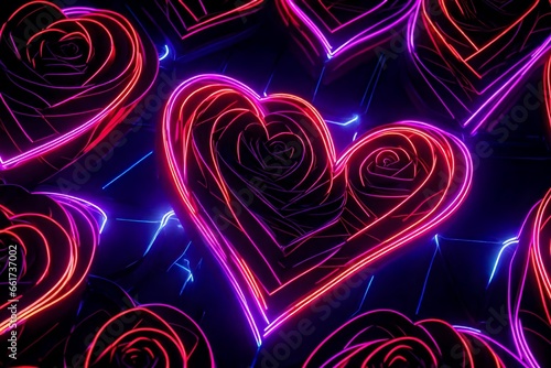 Neon flowers forming a heart shape as they intertwine, representing love in the digital age. 