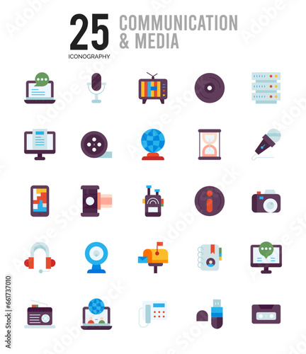 25 Communication And Media Flat icon pack. vector illustration.