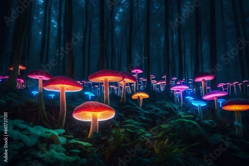 A neon forest of bioluminescent mushrooms that resembled a fantastical wonderland.