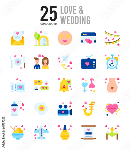 25 Love And Wedding Flat icon pack. vector illustration. © Icon