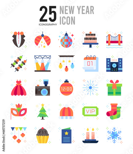 25 New Year Flat icon pack. vector illustration.