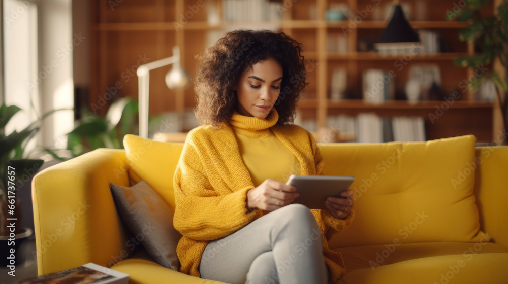 Woman wearing yellow sweater sitting on yellow sofa while shopping ecommerce Woman wearing yellow sweater sitting on yellow sofa while shopping ecommerce