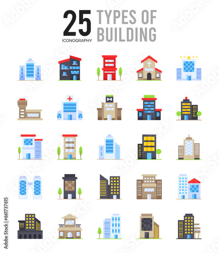 25 Types of Building Flat icon pack. vector illustration.