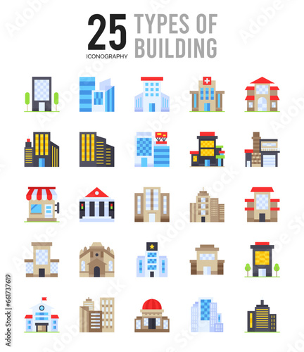 25 Types of Building Flat icon pack. vector illustration.