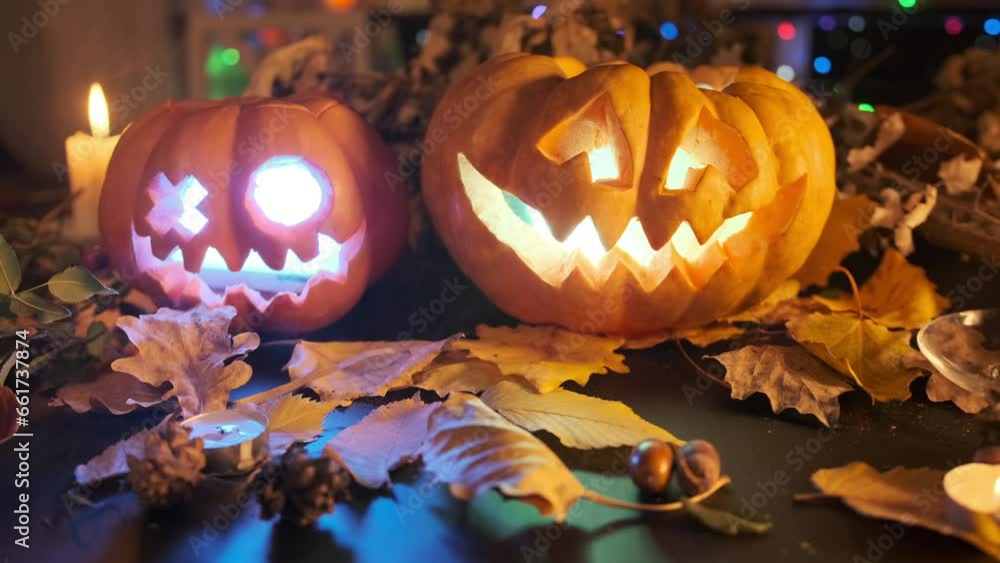 In fog cute creepy two carved pumpkins, close up, glowing from inside, among Halloween decorations background, cones, candles, dry autumn foliage and colorful lights garlands, Jack-o-lanterns. In fog cute creepy two carved pumpkins, close up, glowing from inside, among Halloween decorations background, cones, candles, dry autumn foliage and colorful lights garlands, Jack-o-lanterns.