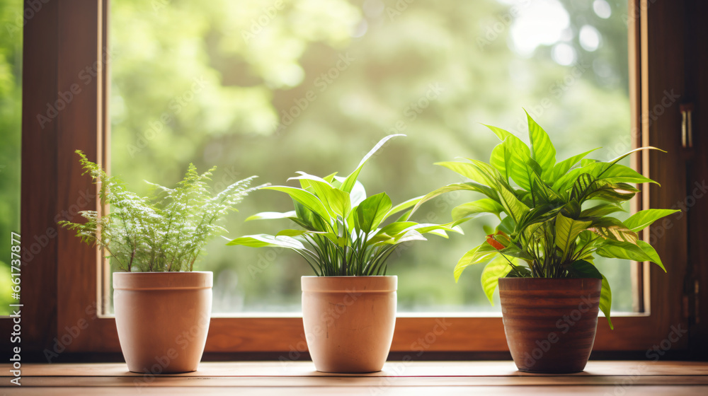 Potted plants sitting on a wooden floor