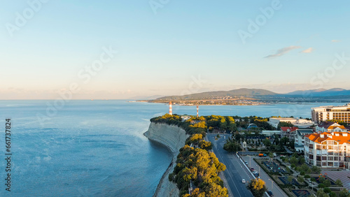 Gelendzhik  Russia. Lighthouse on the shore of Cape Tolstoy. Gelendzhik Bay  Aerial View