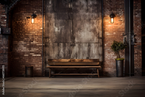 An entrance area with exposed brick walls, industrial lighting, and salvaged materials. The raw and rustic decor creates an urban and inviting atmosphere, blending modernity with warmth. photo