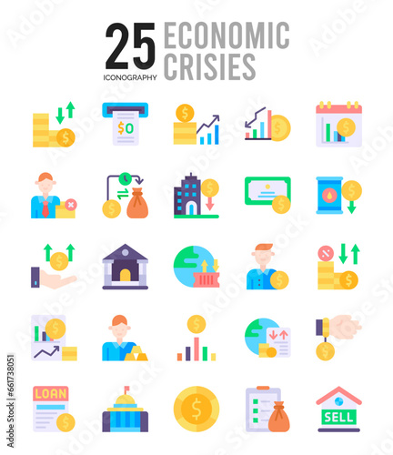 25 Economic Crisies Flat icon pack. vector illustration.