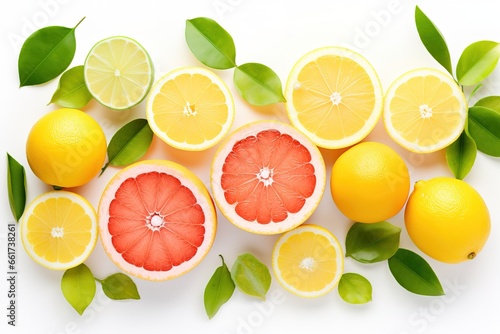 Colorful top view of a selection of organic lemons and grapefruits on a white background.