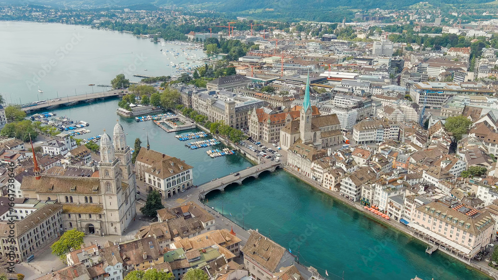 Zurich, Switzerland. Panorama of the city overlooking Lake Zurich. Summer day, Aerial View