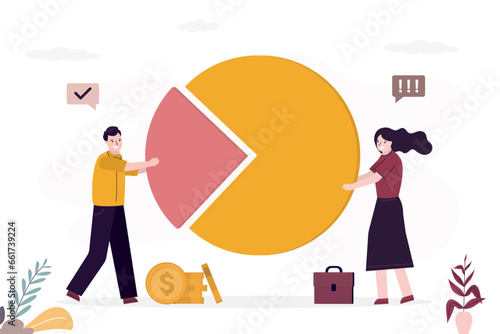 Business people holds pie chart. Market share percentage of industry sale. Company shareholder, investors or owner who hold percentage or company share assets,