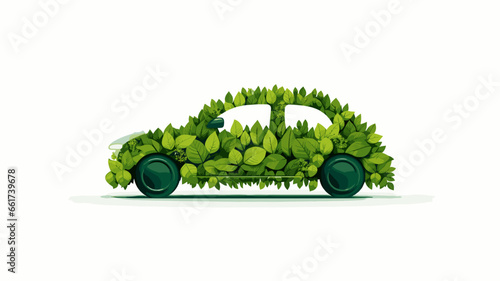 simple 2D illustration, silhouette of a clipart car, no details, consisting of small green leafs , white background as a symbom of sustainable and clean energy. Alternative and ecofriendly energy. Tra photo