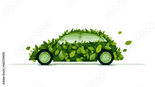 simple 2D illustration, silhouette of a clipart car, no details, consisting of small green leafs , white background as a symbom of sustainable and clean energy. Alternative and ecofriendly energy. Tra