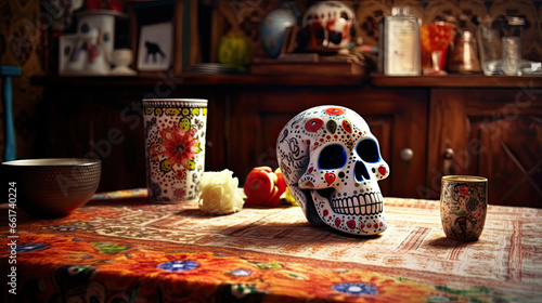Sugar skull or catrina in a antique basement