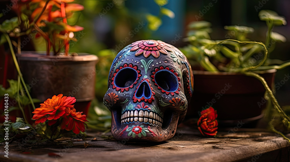 Sugar skull or catrina in a modern garden Sugar skull or catrina in a modern garden