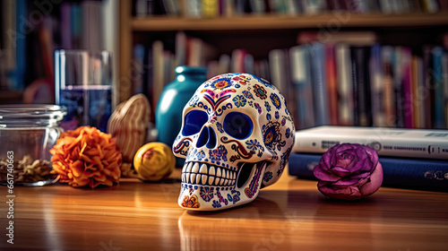 Sugar skull or catrina in a modern study