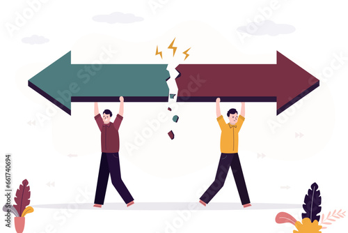 Businessmen carry giant arrow in different ways and break it. Different vision of business development, team conflicts and disagreements in process of work,