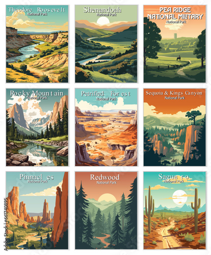 set of 9 Vector Art of National Park. Template of Illustration Graphic Modern Poster for art prints or banner design. Theodore Roosevelt,Shenandoah,Pea Ridge National Military,Sequoia & Kings Canyon..