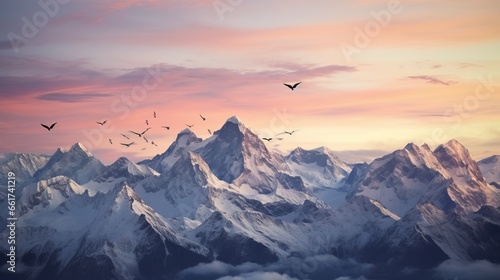 Flight at Dusk  Birds Over Snow-Capped Peaks