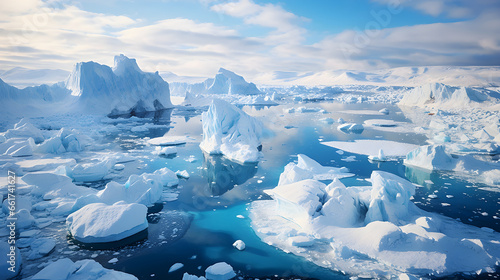 Title, Melting Icebergs, Aerial View Revealing Climate Change Impact on Greenlandic Hamlet photo