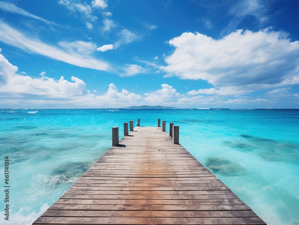 Beautiful summer tropical beach landscape, wooden pier, turquoise sea water, Generative AI Beautiful summer tropical beach landscape, wooden pier, turquoise sea water, Generative AI