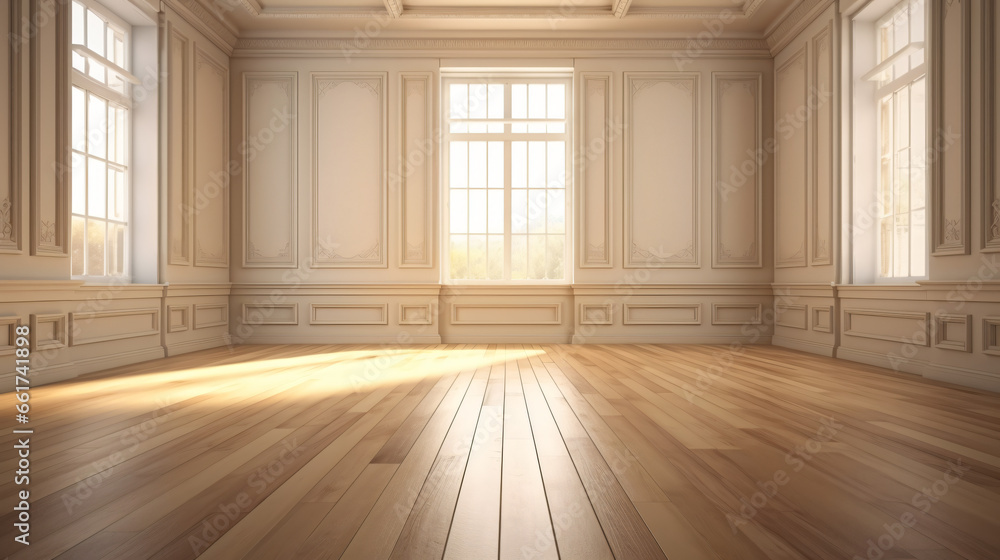 Perspective of the empty room with wood laminate floor