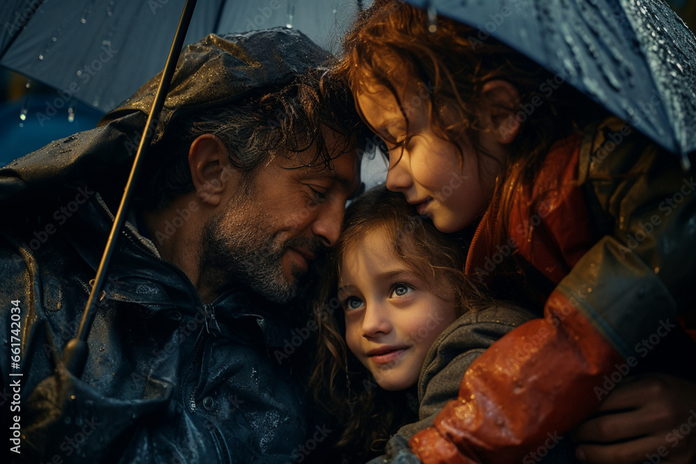 Father and children in the rain