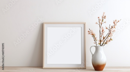 Photo frame mockup and blooming cherry branches
