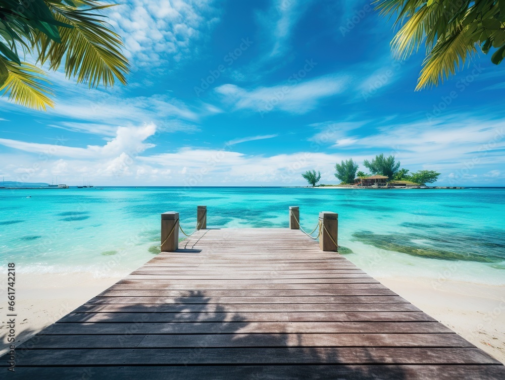 Beautiful summer tropical beach landscape, wooden pier, turquoise sea water, Generative AI