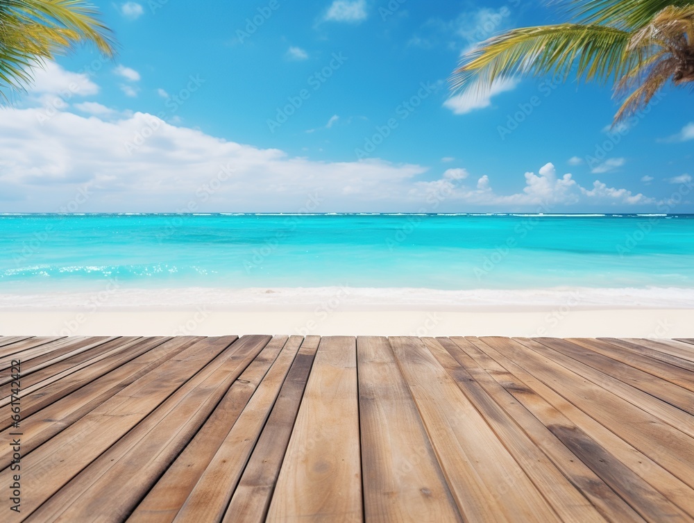 Fototapeta premium Beautiful summer tropical beach landscape, wooden pier, turquoise sea water, Generative AI