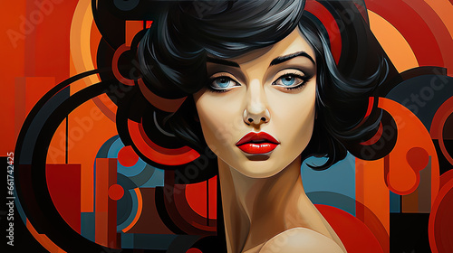 Colorful Portrait Graphic Sketch Painting of Pretty Women Face With Dark Red Lips Abstract Background photo