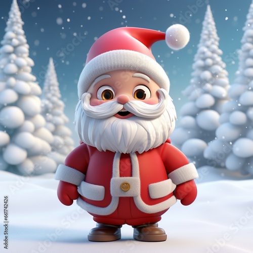Cute Santa Claus in red Christmas hat, and snowy white winter landscape © Lucy Aksek