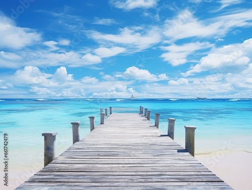 Beautiful summer tropical beach landscape, wooden pier, turquoise sea water, Generative AI © salahchoayb