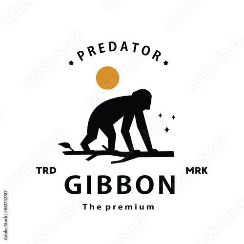 vintage retro hipster gibbon logo vector outline silhouette art icon