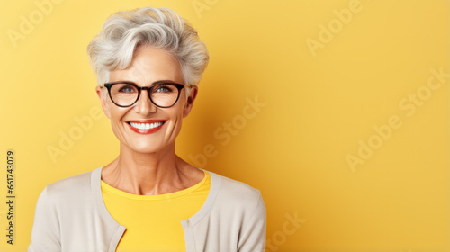 Beautiful and happy blond hair grandma looking at camera isolated on yellow background