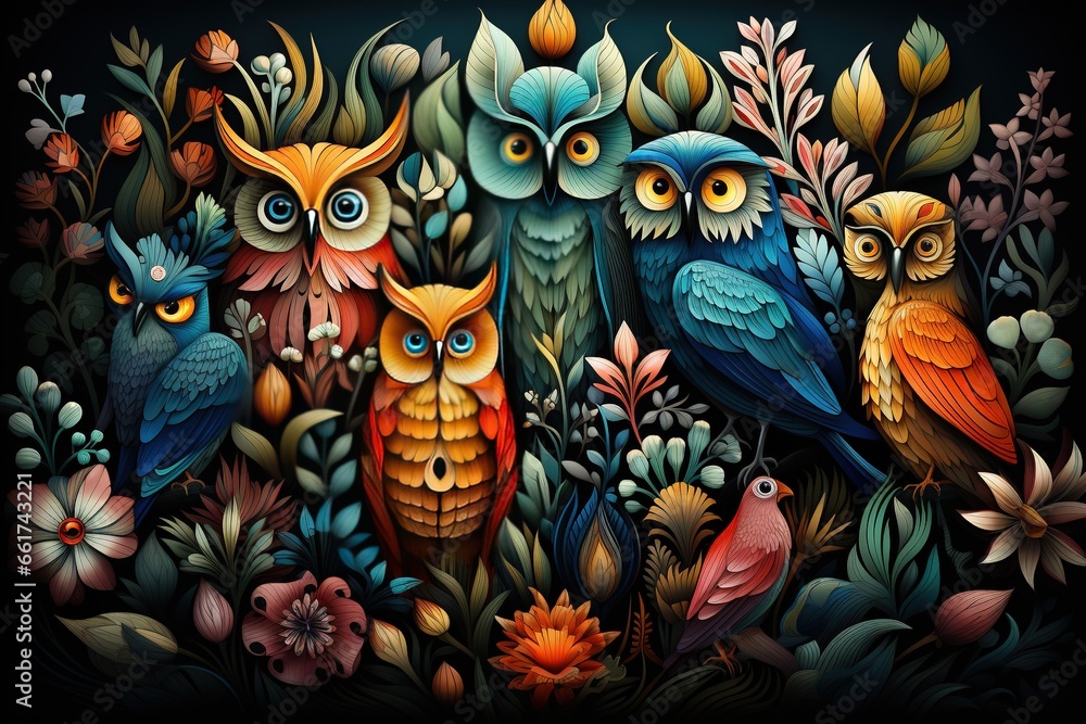Vector illustration of a group of owls in a floral background.