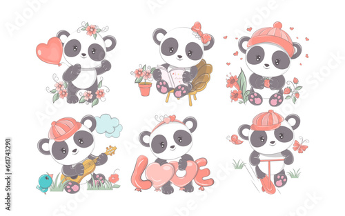 Set of Cartoon Isolated Panda. Collection of Cute Vector Cartoon Bear Illustrations for Stickers