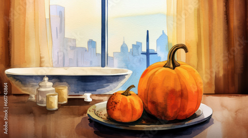 Watercolor painting of a pumpkin in a modern bathroom